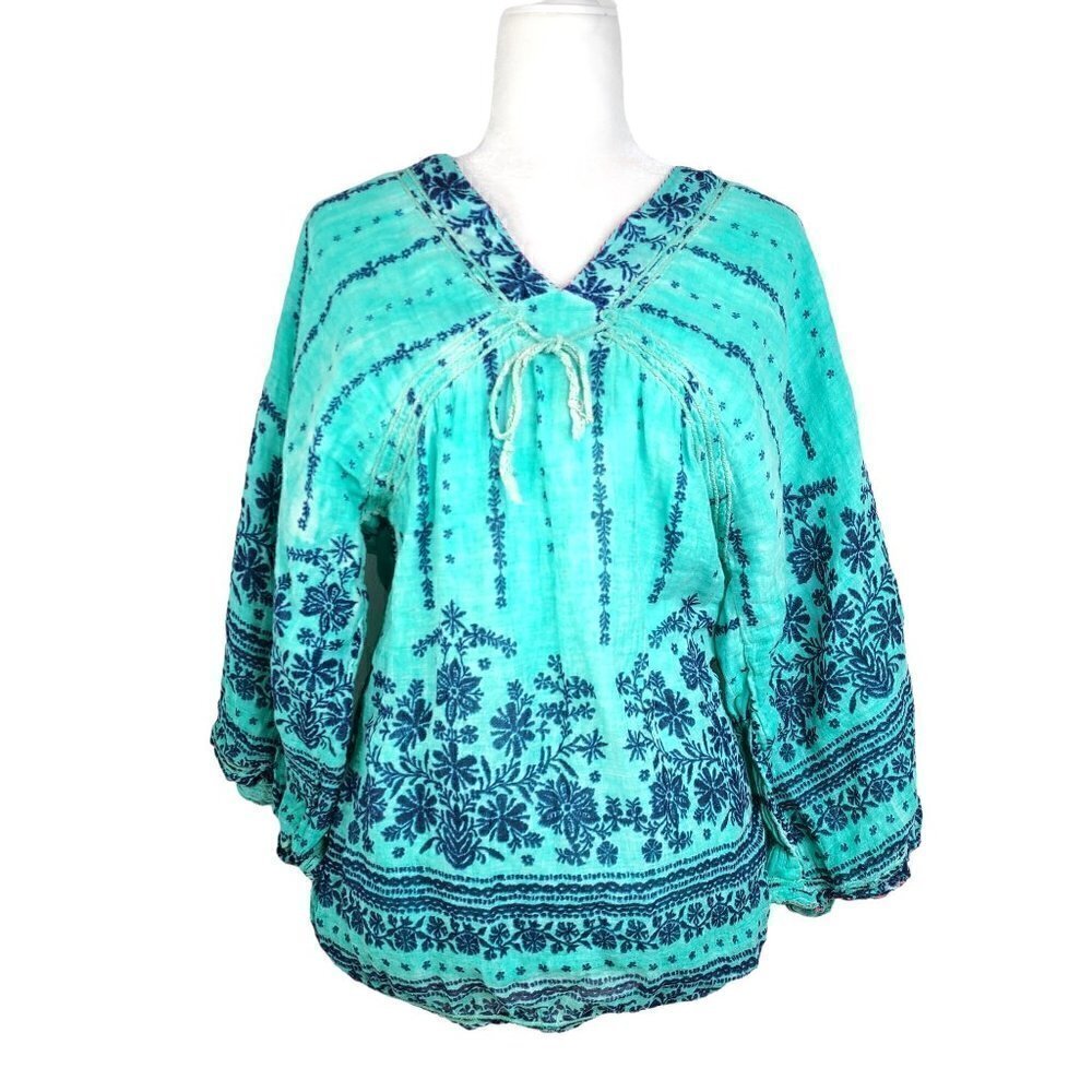 Antropologie RAGA Double Gauzy Turquoise Bell Sleeve Paisley V Neck Tunic Top
